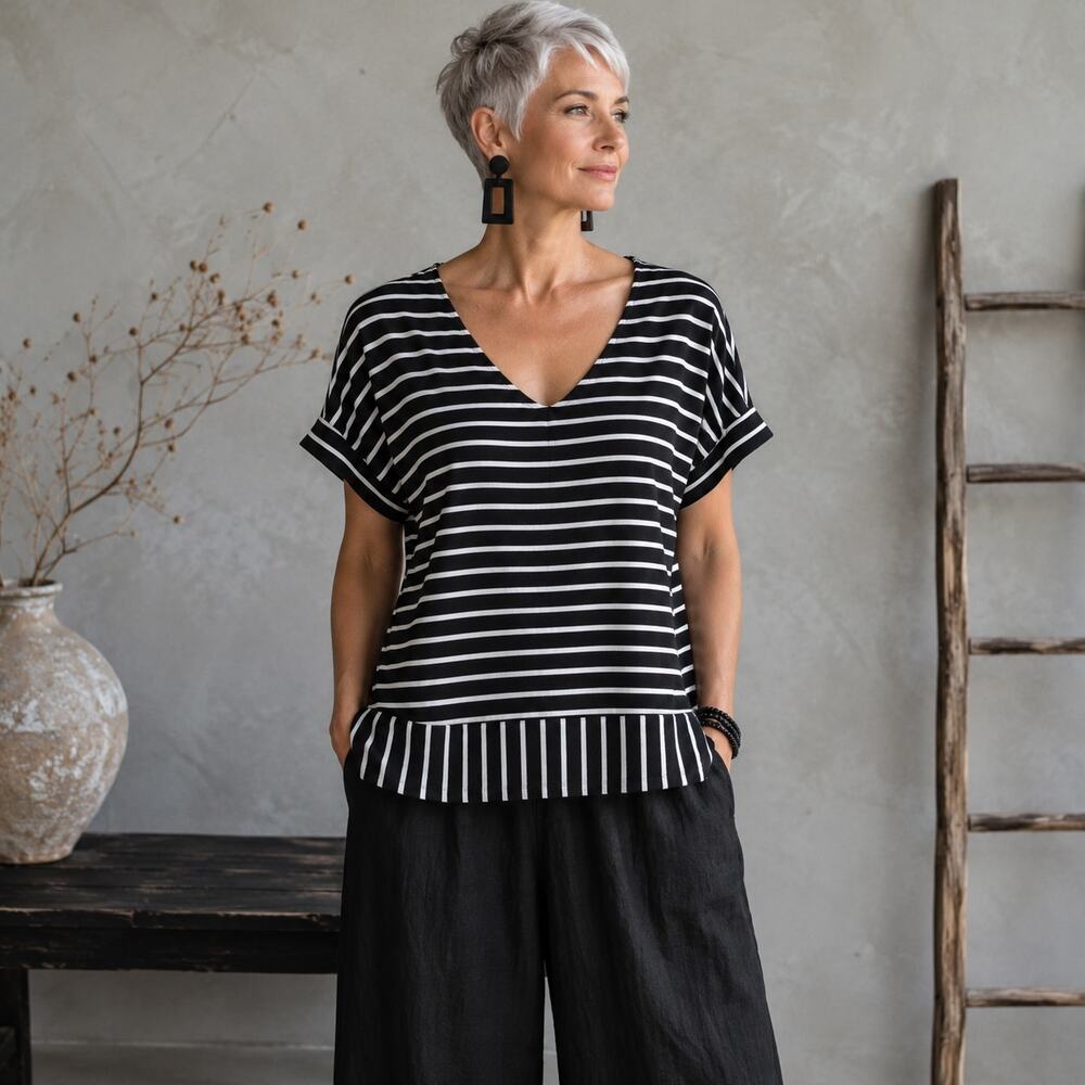 Soft Surroundings Black & White Stripe Short Sleeve Tee Medium
